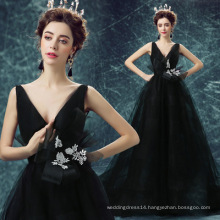 New Fashion Floor Length A-line Evening Dress Appliqued Bow Spaghetti Strap V-neck Sexy Backless Tulle Black Evening Dress